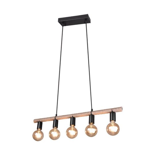 Lampadario a sospensione con 5 pendenti per sala da pranzo moderno nero con corda in sisal