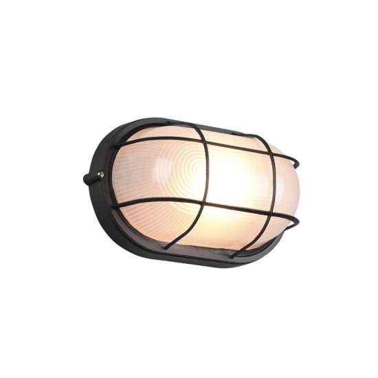 Applique grande da esterno ip44 moderna ovale nera con griglia e vetro satinato