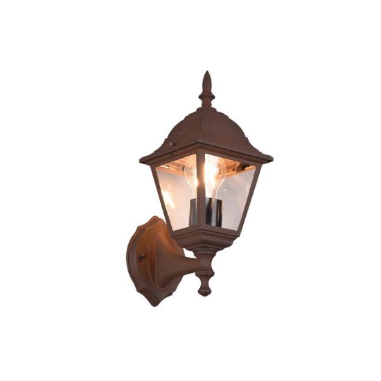 Applique da esterno ip44 a lanterna quadrata su braccio ruggine con vetro trasparente
