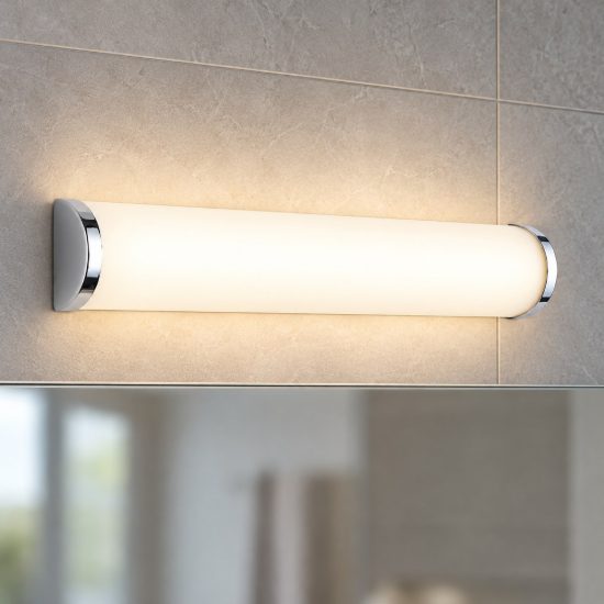 Applique per specchio da bagno 3 luci moderna lineare cromo con vetro satinato bianco