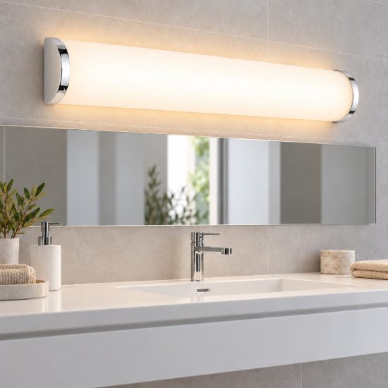 Applique per specchio da bagno 3 luci moderna lineare cromo con vetro satinato bianco