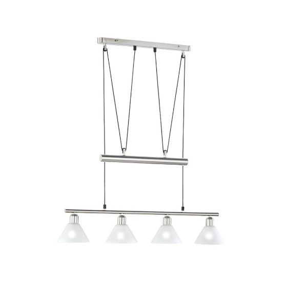 Lampadario 4 luci per sala da pranzo moderno nichel opaco con coni in vetro opale