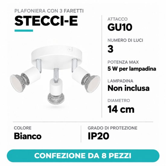 Eglo stecci e plafoniera con 3 faretti gu10 orientabili 14cm moderna bianca confezione da 8 pezzi
