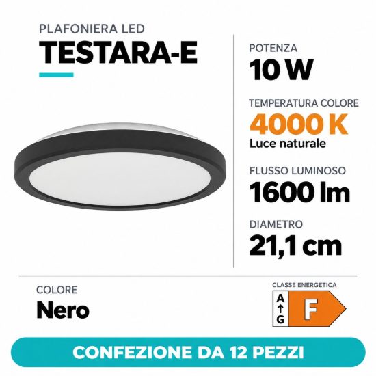 Eglo testara e plafoniera led 10w 4000k 21,1cm moderna nera confezione da 12 pezzi