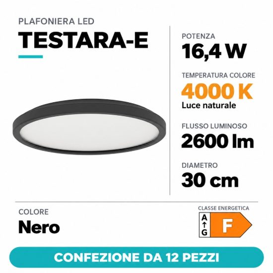 Eglo testara e plafoniera led 16,4w 4000k 30cm moderna nera confezione da 12 pezzi