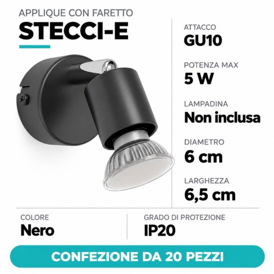 Eglo stecci e applique con faretto gu10 orientabile 6cm moderna nera confezione da 20 pezzi