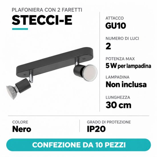 Eglo stecci e plafoniera con 2 faretti gu10 orientabili 30cm moderna nera confezione da 10 pezzi