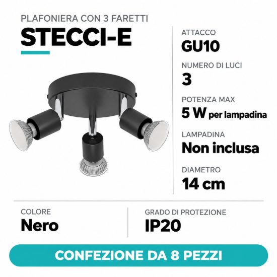 Eglo stecci e plafoniera con 3 faretti gu10 orientabili 14cm moderna nera confezione da 8 pezzi