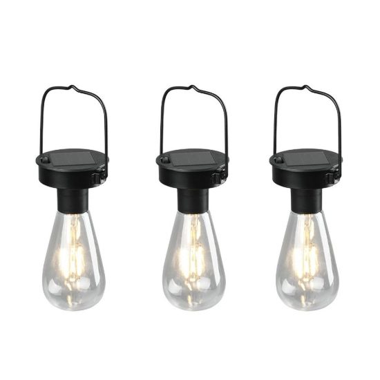 Set 3 lampade solari a lampadina da appendere led 3x0,1w ip44 nere con sensore crepuscolare