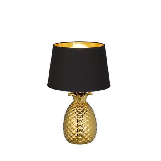 Lampada da tavolo per soggiorno ad ananas in ceramica oro paralume nero