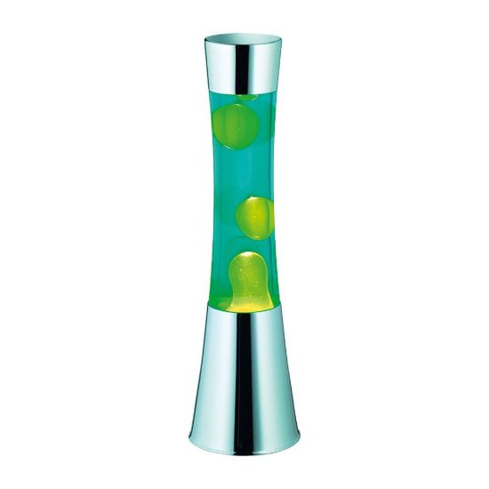Lampada da tavolo effetto lava gy6,35 per cameretta cromo con cera verde