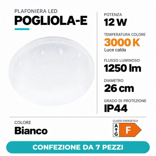 Eglo pogliola e plafoniera 12w 3000k 26cm per bagno bianca effetto cristallo confezione da 7 pezzi