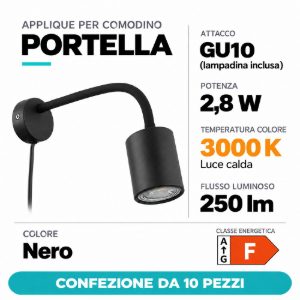 Eglo portella applique per comodino gu10 led 2,8w 3000k 6cm nera confezione da 10 pezzi