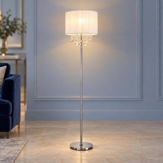 Ideal lux opera piantana e27 163cm per soggiorno classica bianca con pendenti in cristallo