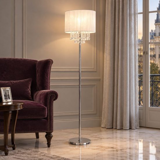 Ideal lux opera piantana e27 163cm per soggiorno classica bianca con pendenti in cristallo