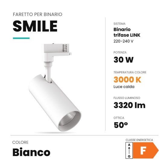 Ideal lux smile faretto per binario trifase link orientabile led 30w 3000k cri80 fascio 50° bianco