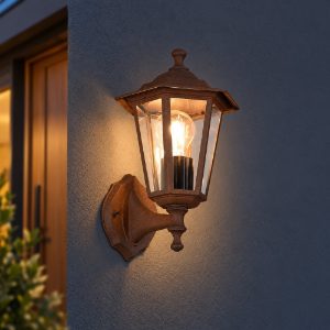 Applique piccola da esterno ip44 a lanterna esagonale su braccio ruggine con vetro trasparente