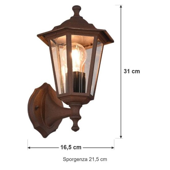 Applique piccola da esterno ip44 a lanterna esagonale su braccio ruggine con vetro trasparente