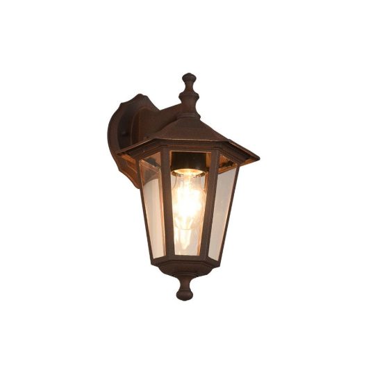 Applique piccola da esterno ip44 a lanterna esagonale pendente ruggine con vetro trasparente