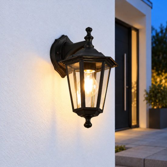Applique da esterno ip44 a lanterna esagonale pendente nera con vetro trasparente