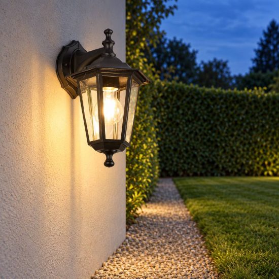 Applique da esterno ip44 a lanterna esagonale pendente nera con vetro trasparente