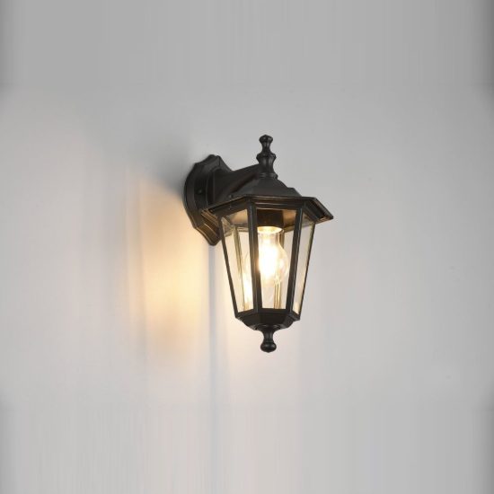 Applique da esterno ip44 a lanterna esagonale pendente nera con vetro trasparente