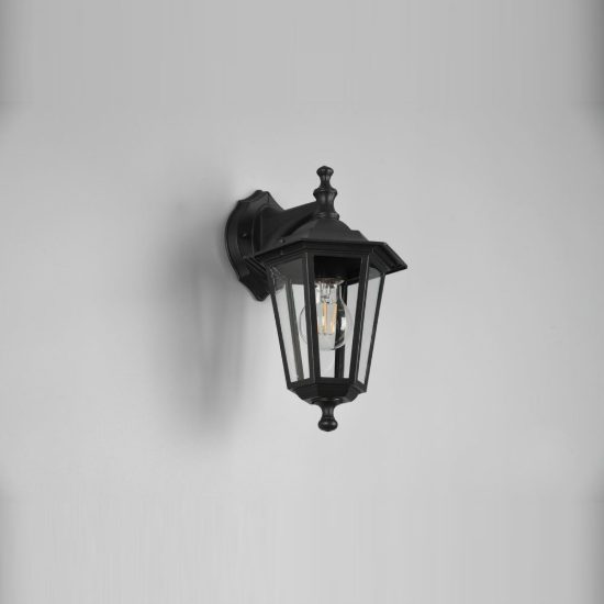 Applique da esterno ip44 a lanterna esagonale pendente nera con vetro trasparente