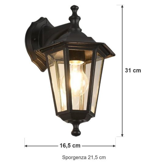 Applique da esterno ip44 a lanterna esagonale pendente nera con vetro trasparente