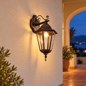 Applique grande da esterno ip44 a lanterna esagonale pendente ruggine con vetro trasparente