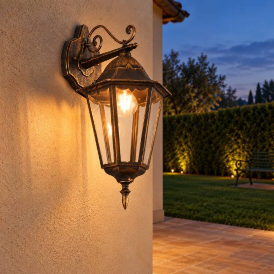 Applique grande da esterno ip44 a lanterna esagonale pendente ruggine con vetro trasparente