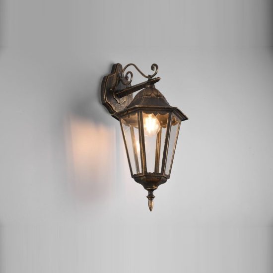 Applique grande da esterno ip44 a lanterna esagonale pendente ruggine con vetro trasparente