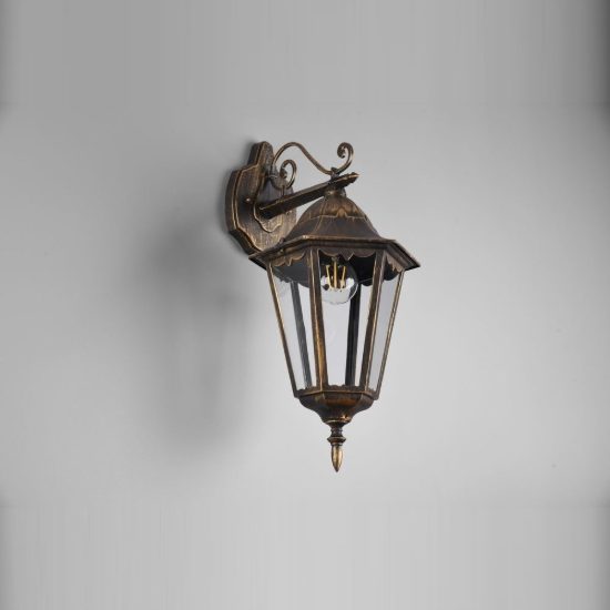 Applique grande da esterno ip44 a lanterna esagonale pendente ruggine con vetro trasparente