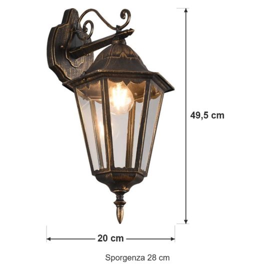 Applique grande da esterno ip44 a lanterna esagonale pendente ruggine con vetro trasparente