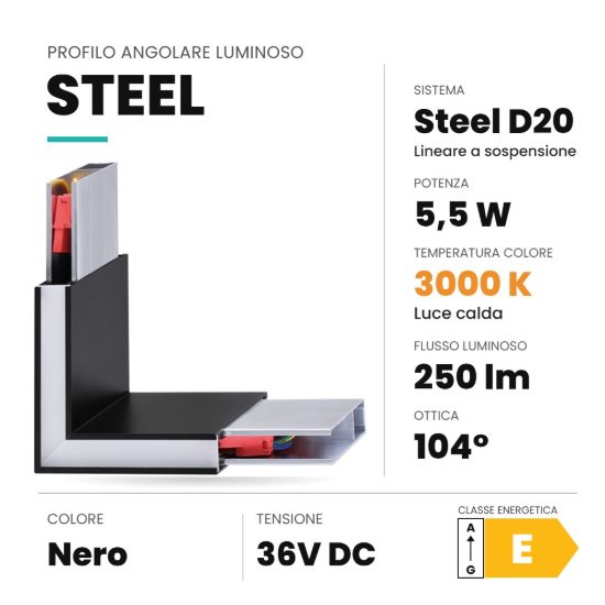 Ideal lux steel profilo angolare luminoso led 5,5w 3000k per sistema lineare nero