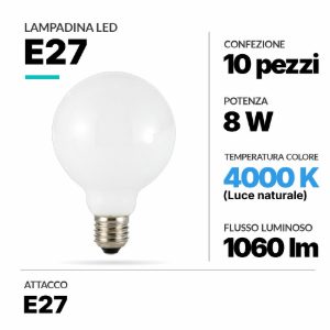 Lampadina e27 globo d095 8w 4000k box 10 lampadine