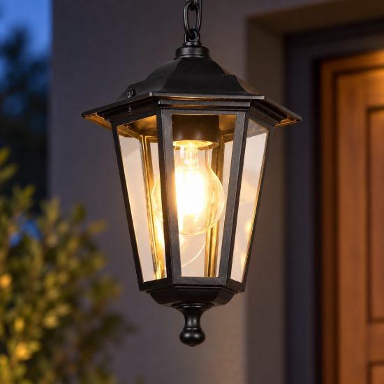 Lampada a sospensione da esterno ip44 a lanterna esagonale nera con vetro trasparente