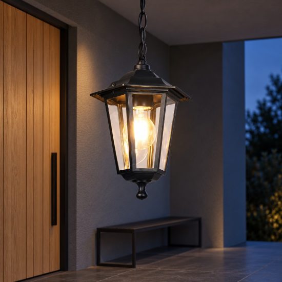 Lampada a sospensione da esterno ip44 a lanterna esagonale nera con vetro trasparente
