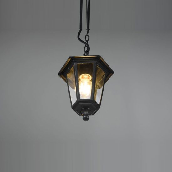 Lampada a sospensione da esterno ip44 a lanterna esagonale nera con vetro trasparente