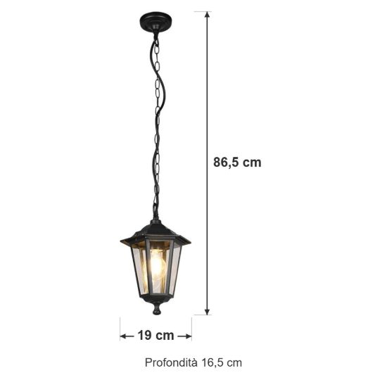 Lampada a sospensione da esterno ip44 a lanterna esagonale nera con vetro trasparente