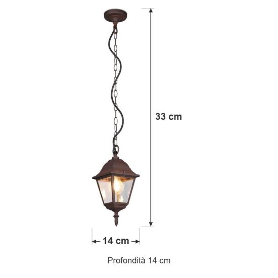 Lampada a sospensione da esterno ip44 a lanterna quadrata ruggine con vetro trasparente