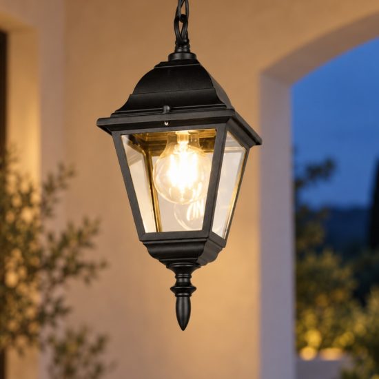 Lampada a sospensione da esterno ip44 a lanterna quadrata nera con vetro trasparente