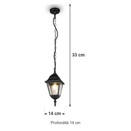 Lampada a sospensione da esterno ip44 a lanterna quadrata nera con vetro trasparente