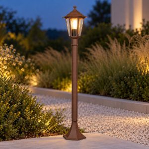 Lampione da giardino piccolo paletto ip44 a lanterna esagonale ruggine con vetro trasparente