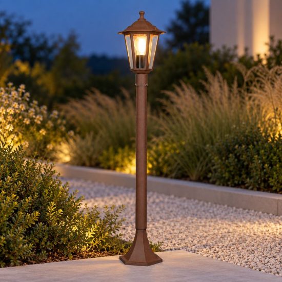 Lampione da giardino piccolo paletto ip44 a lanterna esagonale ruggine con vetro trasparente