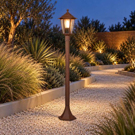 Lampione da giardino piccolo paletto ip44 a lanterna esagonale ruggine con vetro trasparente