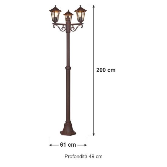 Lampione da giardino 3 luci piccolo ip44 a lanterna esagonale ruggine con vetro trasparente