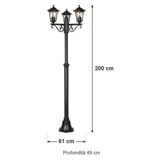 Lampione da giardino 3 luci ip44 a lanterna esagonale nero con vetro trasparente