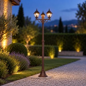 Lampione da giardino 3 luci ip44 a lanterna quadrata ruggine con vetro trasparente