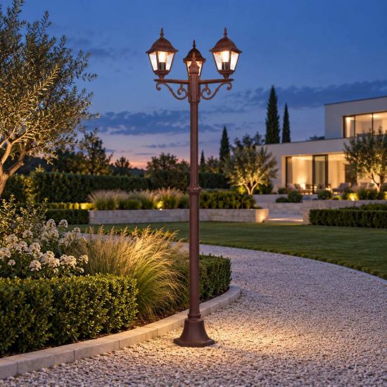 Lampione da giardino 3 luci ip44 a lanterna quadrata ruggine con vetro trasparente