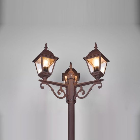 Lampione da giardino 3 luci ip44 a lanterna quadrata ruggine con vetro trasparente